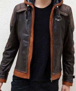 Mens Brown Hood Leather Jacket