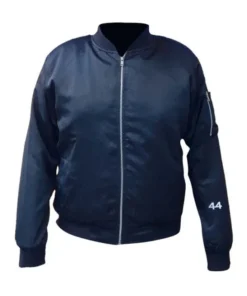 Black satin bomber jacket men with rib knit collar cuffs and hem. This zip up bomber jacket features the number '44' on the sleeve, representing the Obama jacket style.