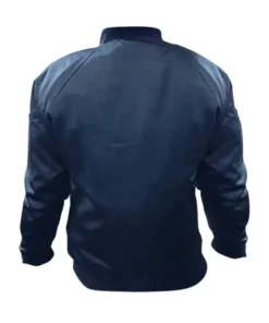 Back view of the black bomber jacket men, a lightweight bomber jacket with a cuffed waist and sleeve pocket. A popular casual streetwear bomber and minimalist bomber jacket.