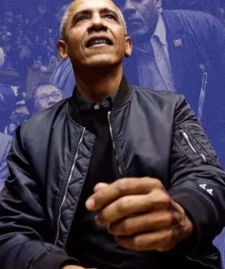 Close-up of Obama bomber jacket with '44' detail, showcasing the classic flight bomber jacket style. This comfortable inner lining jacket is a stylish spring fall bomber jacket.