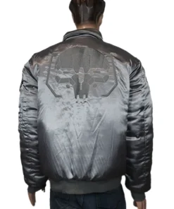 Battletech Mechwarrior aviator jacket, silver satin, back view on a mannequin showing a large, embossed logo.