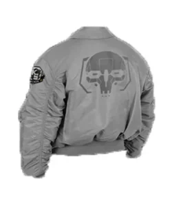 Battletech Mechwarrior flight jacket, grey nylon bomber style, back view showing large, embossed Mechwarrior logo.