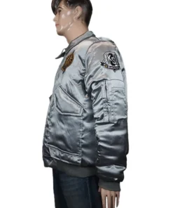 Battletech Mechwarrior gaming bomber jacket, silver satin, right side view on a mannequin with shoulder patches.