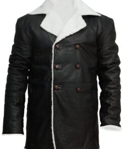 Mens Black Leather Long Shearling Coat with Fur Collar