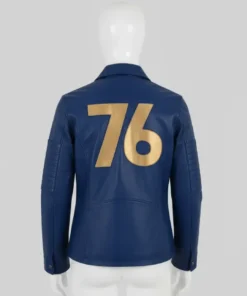 Fallout 76 Vault Dweller leather jacket, blue with a prominent gold center stripe and collar patch.