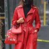 Irina Shayk Red Leather Trench Coat front