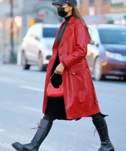 Irina Shayk Red Leather Trench Coat side pose