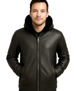 Men Black Leather Jacket With Fur Hoodie