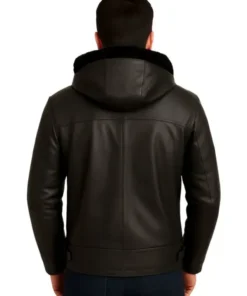 Men Black Leather Jacket With Fur Hoodie