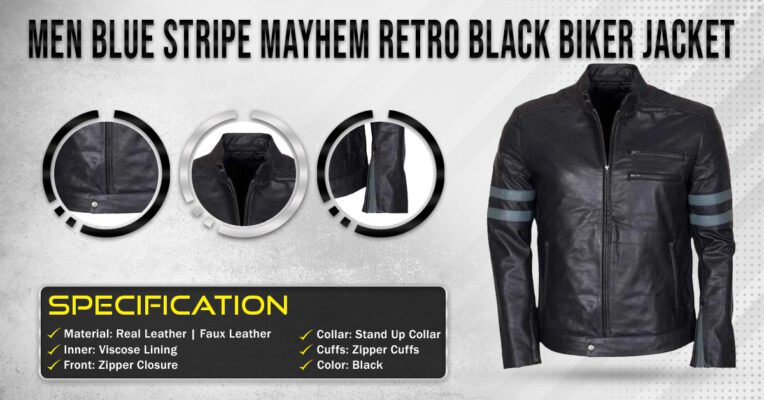 Men Blue Stripe Mayhem Retro Black Biker Jacket