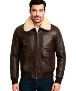 Men Brown Pilot Bomber Shearling Jacket