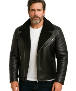 Men Luxury Shearling Black Leather Jacket