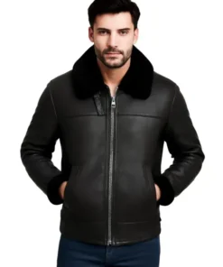 Men Black Shearling Flying Leather Jacket