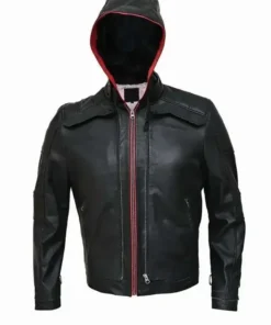 Mens Black Red Hood Leather Jacket