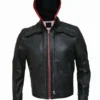 Mens Black Red Hood Leather Jacket