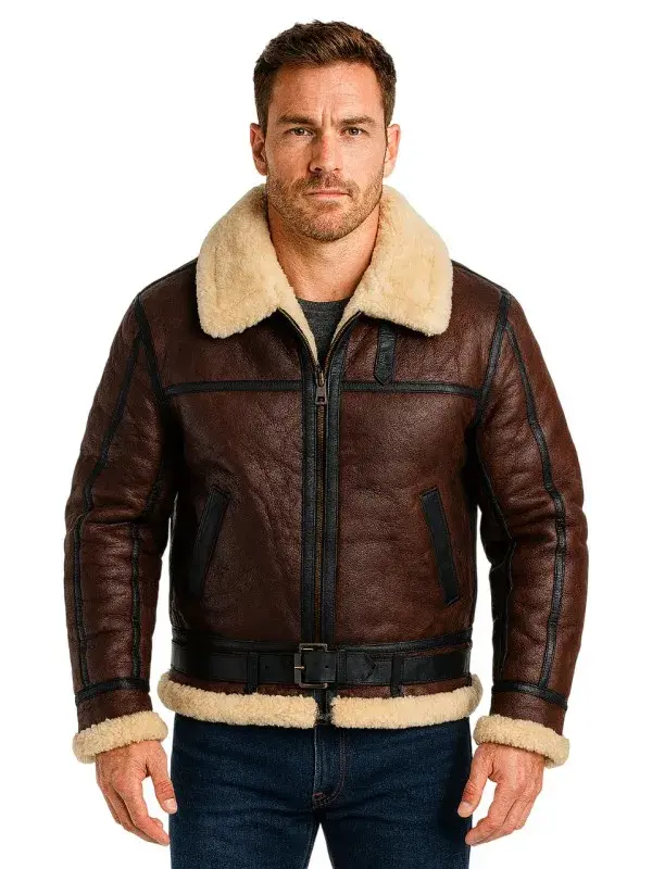 Mens Shearling Brown Bomber Leather Jacket
