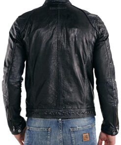 Alternative view of Mens Real Sheepskin Leather Cafe Racer Biker Jacket Black