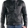 Mens Real Sheepskin Leather Cafe Racer Biker Jacket Black