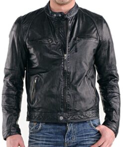 Mens Real Sheepskin Leather Cafe Racer Biker Jacket Black