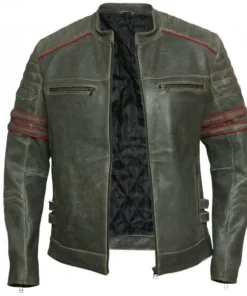 Men’s Cafe Racer Motorcycle Black Leather Jacket open