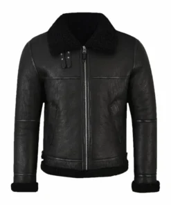 Mens Jet Black Shearling Jacket front