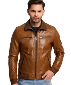 Men Bomber Shining Brown Leather Jacket