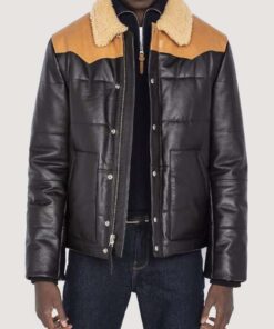 Men Classic Puffer Leather Black Jacket