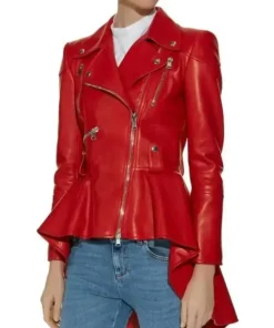 Motorcycle Style Women Red Peplum Leather Jacket front