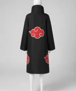 Back view of Naruto Akatsuki Cloak showing signature red clouds. Premium Akatsuki outfit and long black coat perfect for anime cosplay.