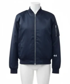 Black satin bomber jacket for men, MA-1 style, featuring a front zipper, rib knit collar/cuffs/hem, and 