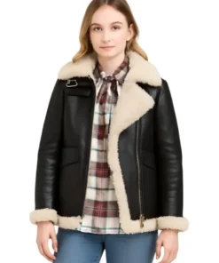 Women’s Aviator Ivory Shearling Black Leather Jacket