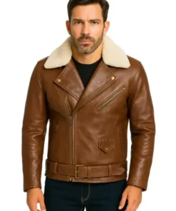 Men’s Brown Leather Motorcycle Jacket With Fur Collar