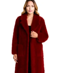 Long black plush faux Fur Coat, oversized fit, Holidate Emma Roberts inspired style.