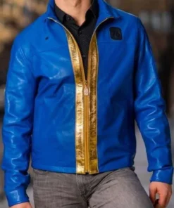 Vault Dweller 76 Fallout leather jacket on a man, open to show the blue and yellow design.