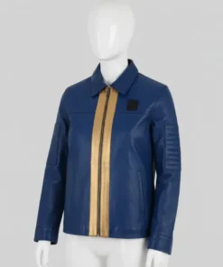 Fallout 76 Vault Dweller blue leather jacket on a white mannequin, featuring the gold zip stripe.
