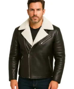 Men White Fur Black Leather Jacket