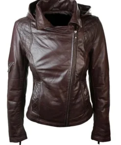 Womens Brown Biker Hooded Leather Jacket