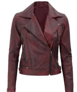 Women’s Red Distressed Leather Motorcycle Jacket