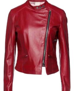Women’s Red Slim-Fit Leather Cafe Racer Jacket