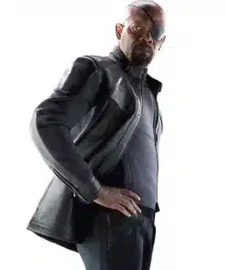 Age Of Ultron Nick Fury Jacket featuring a premium black leather finish and a high collar for a bold leader look.