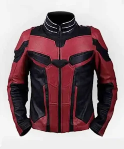 Ant Man Red Jacket featuring a front view with sturdy fasteners and a modern high fashion aesthetic.