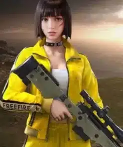 Free Fire Kelly Jacket shown with iconic black stripes and a sleek collar that captures the athletic gaming look.