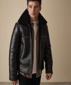 Men Black Shearling Bomber Leather Jacket