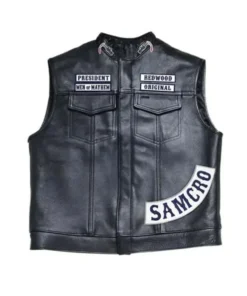 Front view of a sons of anarchy california vest with President/Men of Mayhem, Redwood Original, and SAMCRO patches. jax teller soa vest