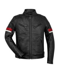 Men's Black Cafe Racer Red and White Striped Jacket