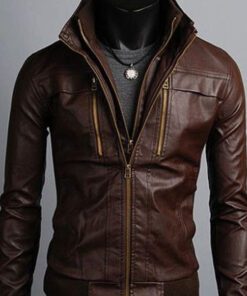 Men Brown Bomber Leather Jacket