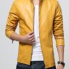 Men Stand Collar Yellow Leather Jacket