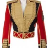 Classic Michael Jackson Leave Me Alone red jacket on a bust, featuring a black center with multiple rows of gold braid and button detailing. Michael Jackson Leave Me Alone video jacket.