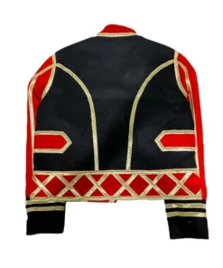 Back view of the Michael Jackson Leave Me Alone red and black jacket, featuring intricate gold trim, a black center panel, and red sleeves. MJ Leave Me Alone jacket.