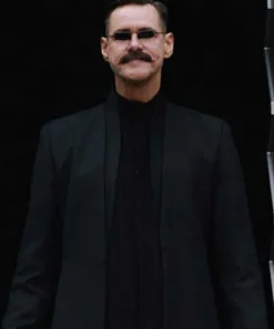 Sonic Jim Carrey Dr Robotnik wool coat in a sleek black finish, featuring a high collar and the iconic villain's signature mustache.